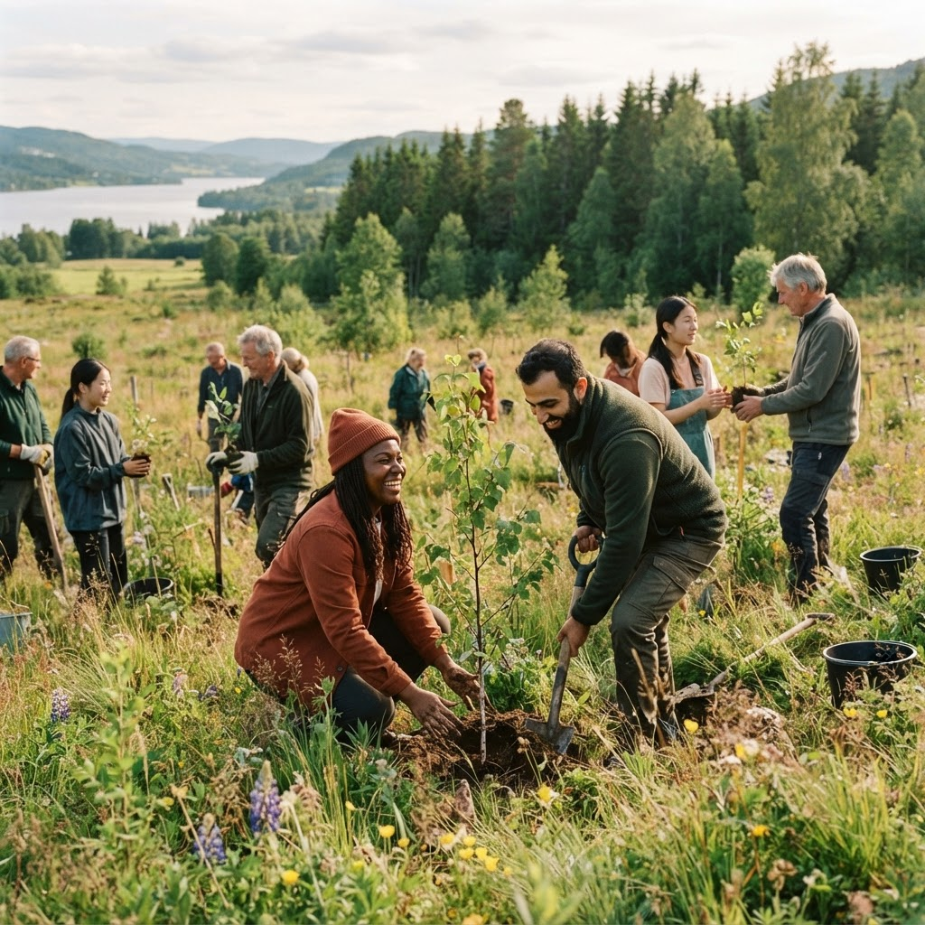 Volunteers planting trees together in a meadow